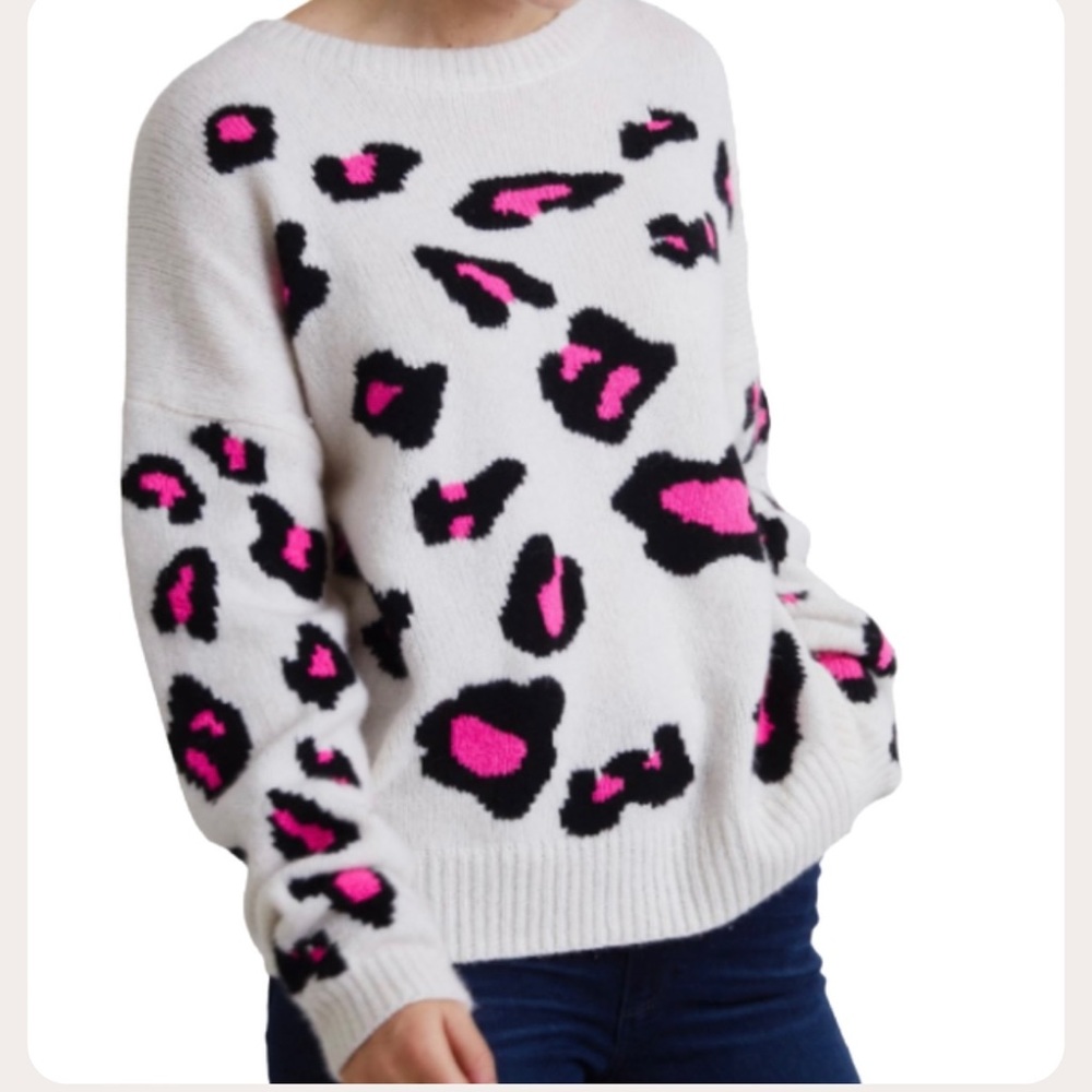 Autumn Cashmere White Crewneck Sweater with Black and Hot Pink Leopard Print